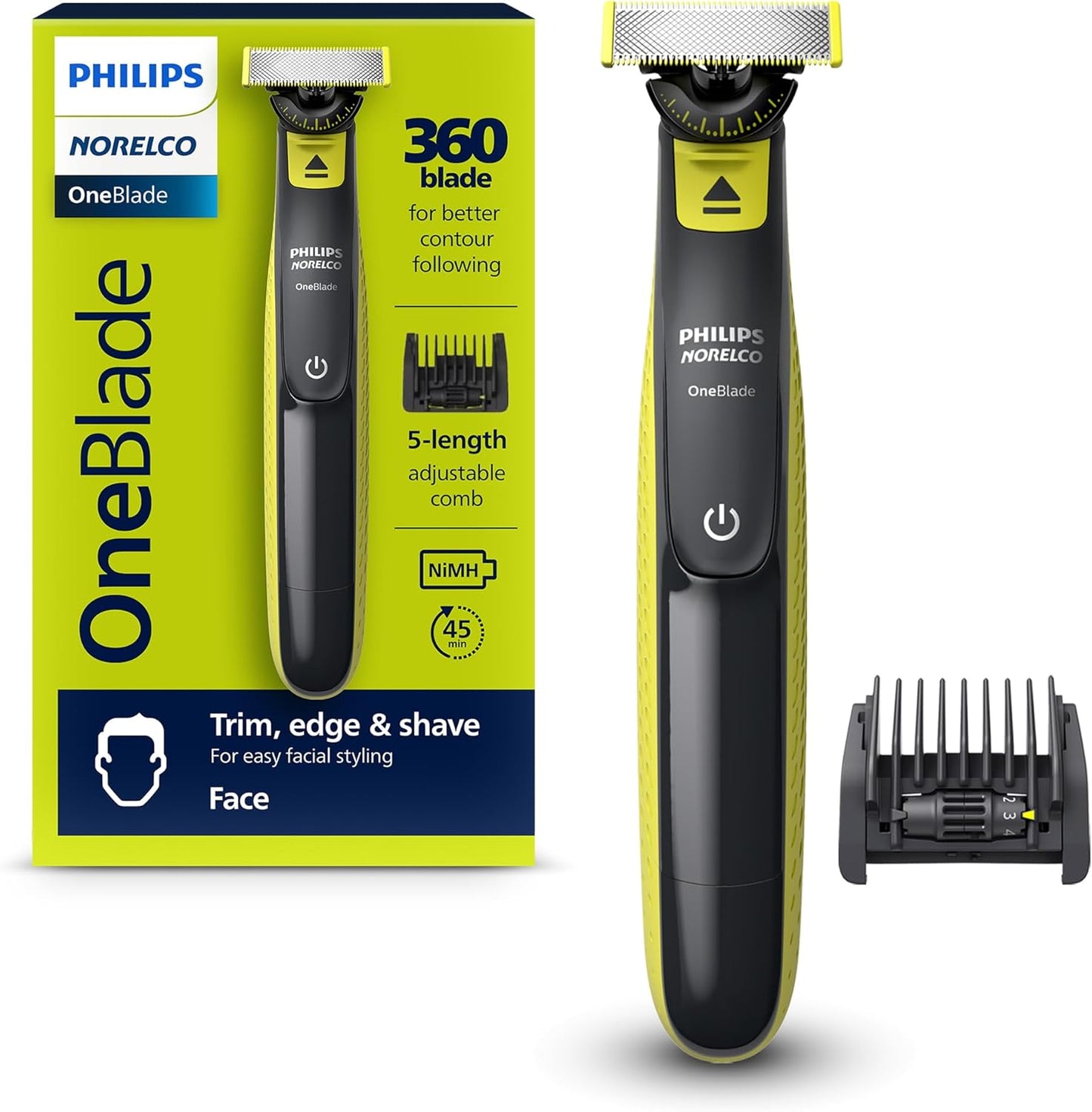 Oneblade 360 with Connectivity Hybrid Face, Electric Beard Trimmer and Shaver, with 360 Blade Technology, 1X360 Blade for Face, 5In1 Adjustable Comb, Model QP4530/90
