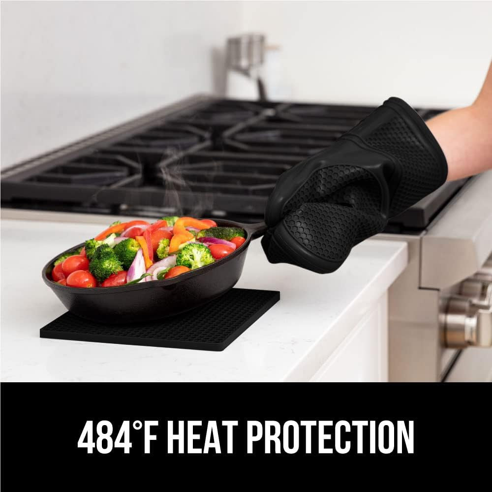 Bpa-Free Soft Silicone Oven Mitts and Pot Holders Sets of 4, Heat Resistant Waterproof Cooking Gloves, Thick Cotton Lining, Flexible Gripping for Baking Grilling, Kitchen Trivets, Black