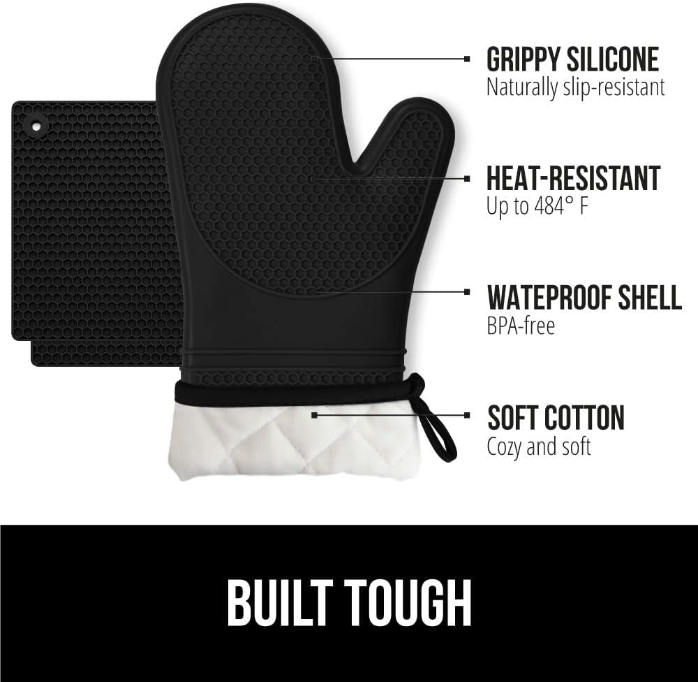 Bpa-Free Soft Silicone Oven Mitts and Pot Holders Sets of 4, Heat Resistant Waterproof Cooking Gloves, Thick Cotton Lining, Flexible Gripping for Baking Grilling, Kitchen Trivets, Black
