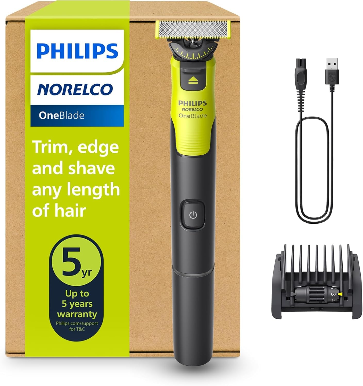 Oneblade 360 with Connectivity Hybrid Face, Electric Beard Trimmer and Shaver, with 360 Blade Technology, 1X360 Blade for Face, 5In1 Adjustable Comb, Model QP4530/90