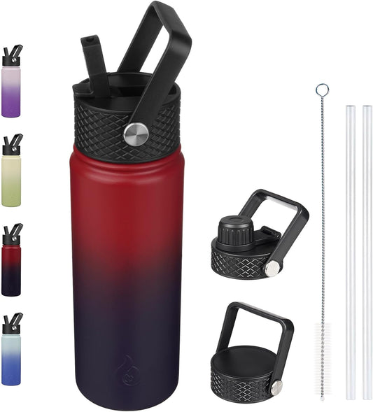 22oz Insulated Stainless Steel Water Bottle – 3 Lid Options (Straw, Spout, Handle) | Hot & Cold Thermo Bottle | Leakproof & Reusable Travel Mug – Charming Red