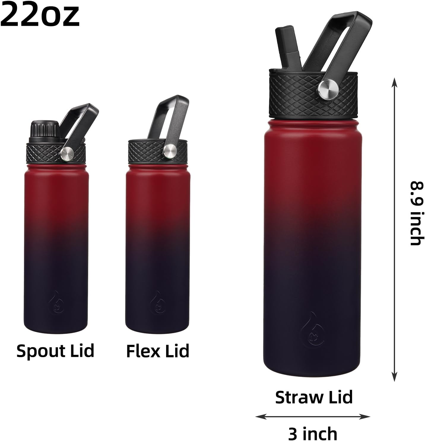 22oz Insulated Stainless Steel Water Bottle – 3 Lid Options (Straw, Spout, Handle) | Hot & Cold Thermo Bottle | Leakproof & Reusable Travel Mug – Charming Red