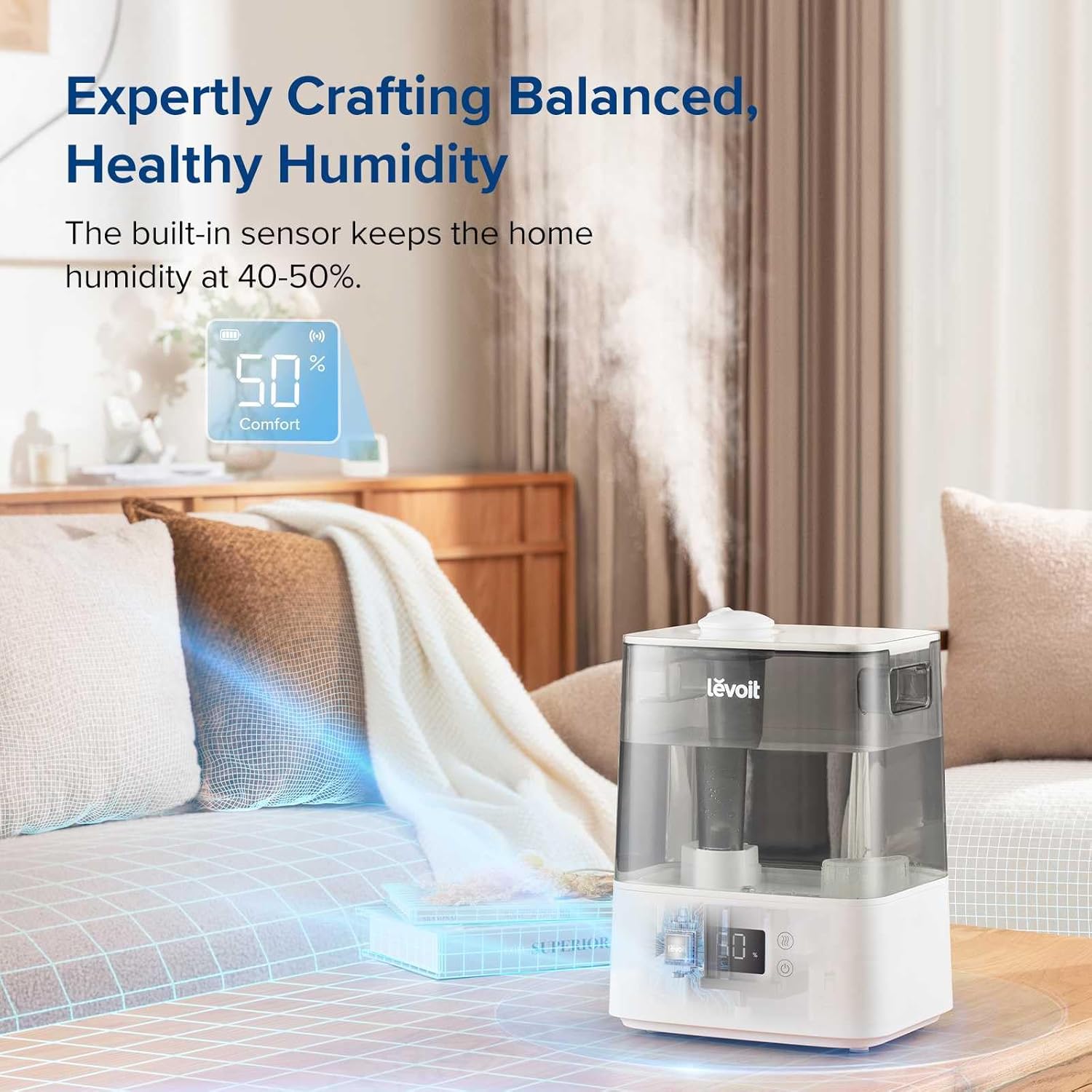 Smart Humidifiers for Bedroom Large Room Home,(6L) Cool Mist Top Fill Essential Oil Diffuser for Baby & Plants,Smart App & Voice Control, Rapid Humidification & Auto Mode-Quiet Sleep Mode, Gray