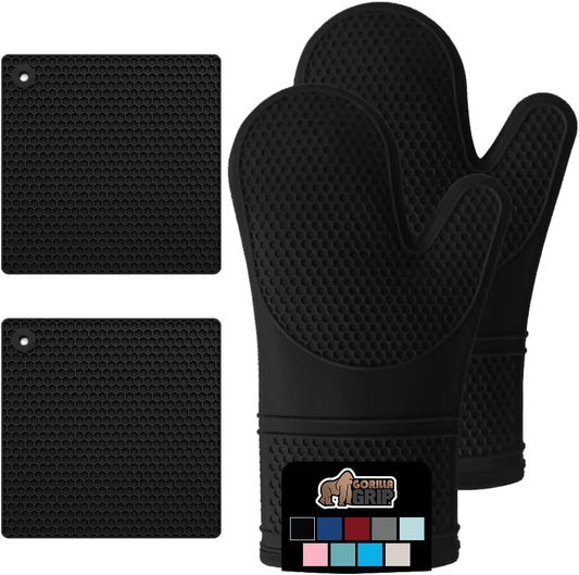Bpa-Free Soft Silicone Oven Mitts and Pot Holders Sets of 4, Heat Resistant Waterproof Cooking Gloves, Thick Cotton Lining, Flexible Gripping for Baking Grilling, Kitchen Trivets, Black