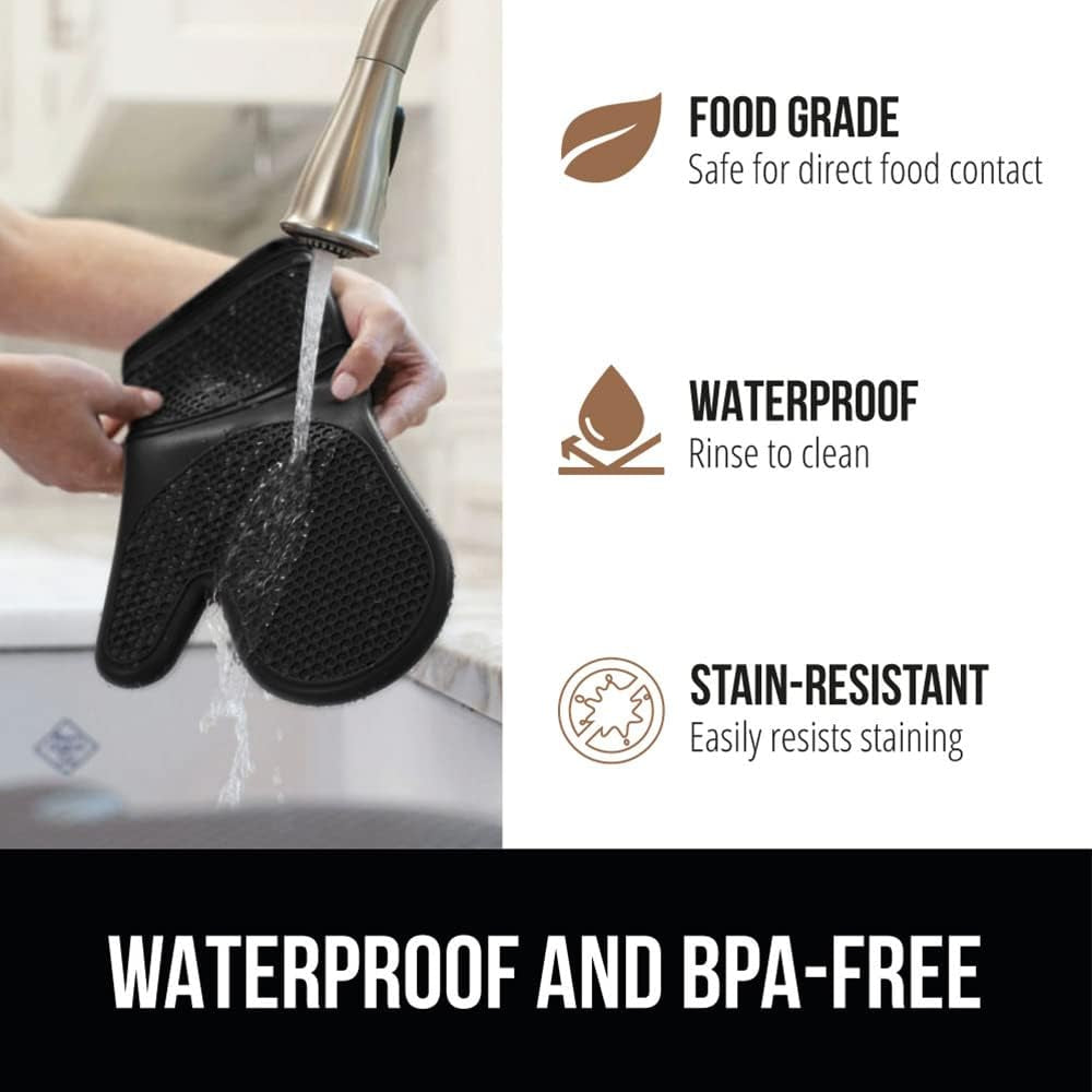 Bpa-Free Soft Silicone Oven Mitts and Pot Holders Sets of 4, Heat Resistant Waterproof Cooking Gloves, Thick Cotton Lining, Flexible Gripping for Baking Grilling, Kitchen Trivets, Black
