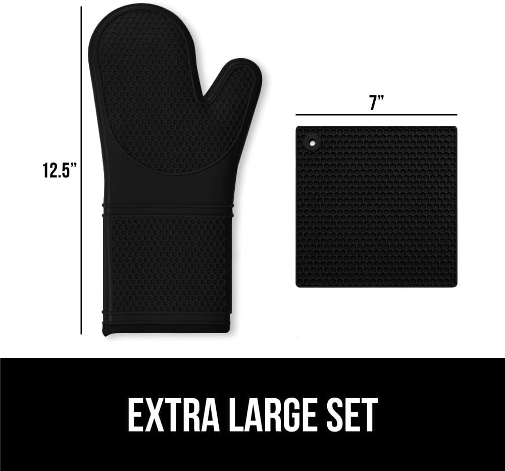 Bpa-Free Soft Silicone Oven Mitts and Pot Holders Sets of 4, Heat Resistant Waterproof Cooking Gloves, Thick Cotton Lining, Flexible Gripping for Baking Grilling, Kitchen Trivets, Black